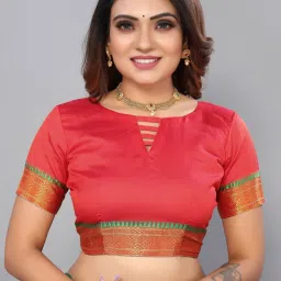 Satrani Red Woven Saree With Unstitched Blouse image 5