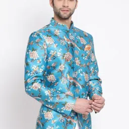VASTRAMAY Turquoise Blue Straight Fit Floral Print Nehru Jacket image 3