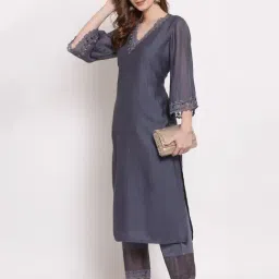 DART STUDIO Grey Embroidered Straight Kurta image 3