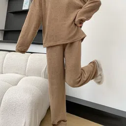Lugo Women Brown Wool Blend Solid Night suits-image-76