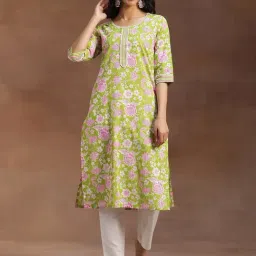 Libas Green Cotton Floral Kurta-image-39