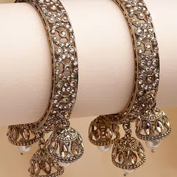 KARATCART Set Of 2 Gold-Plated Stone-Studded & Beaded Jhumka Bangles-image-95