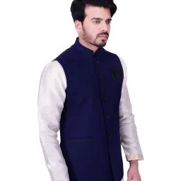 Manyavar Blue Self Design Ethnic Waistcoat image 3