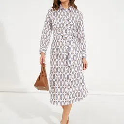 Styli Multi All Over Print Shirt Midi Dress with Tie Belt image 1