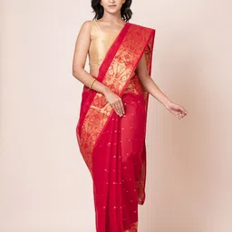 PUKU Ethnic Motifs Woven Design Zari Pure Cotton Taant Saree-picture-15