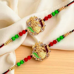 ADIVA Set Of 2 Beaded Radha Krishna Thread Rakhi with Pooja Thali Roli Chawal Bag Gift Set image 2