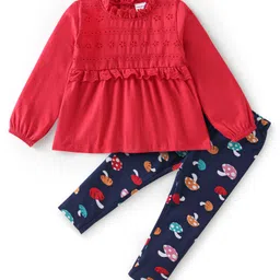 Babyhug 100% Cotton Knit Full Sleeves Top & Leggings Set With Mushroom Print - Red & Navy Blue-picture-16
