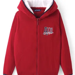 Pine Kids Knit Full Sleeves Front Open Hooded Sweater with Text Design - Red-picture-13