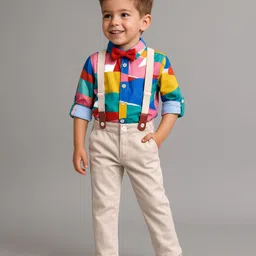 Ollington St. 100% Cotton Woven Full Sleeves Printed Shirt & Twill Pants Set With Bow & Suspender - Blue-picture-24