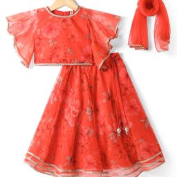 Babyhug Woven Floral Printed Flutter Sleeves Choli Lehenga Set with Floral Print & Lace Detailing & Dupatta - Orange-picture-34