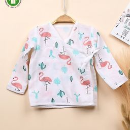 Mom's Home Muslin Organic Cotton Full Sleeves Flamingo Printed Jhabla - White & Pink-picture-21