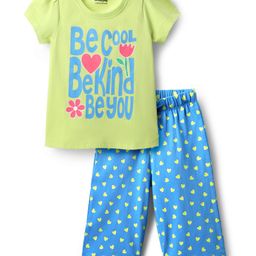 Honeyhap Premium Cotton Knit Half Sleeves Capri Night Suit with Bio Finish & Text Print - Sunny Lime & Dresden Blue-picture-1
