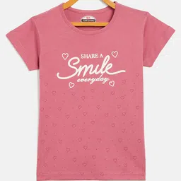 Fort Divine Cotton Lycra Knit Half Sleeves Share Smile Text & Heart Printed Tee - Brick-picture-33