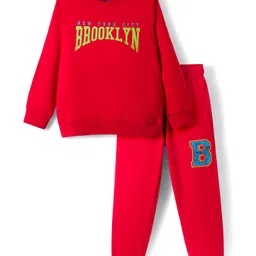 Pine Kids Looper Knit Full Sleeves Winter Wear Sweatshirt & Joggers Set with Brooklyn Text Print - Red-picture-16