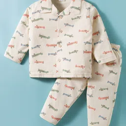 Zero Sinker Knit Full Sleeves Co-ords Night Suit Aeroplane Print - Light Blue-image-73