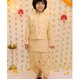 BownBee Silk Woven Full Sleeves Solid Kurta Dhoti With Floral Foil Printed Jacket Set - Golden-image-89