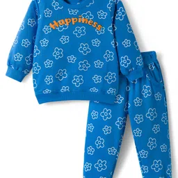 Doodle Poodle 100% Cotton Single Jersey Knit Full Sleeves T-Shirt & Lounge Pant Set with Floral Print - Blue-picture-33