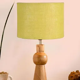 Devansh Yellow & Brown Cylindrical Shaped Wooden Table Lamp image 3