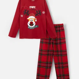 Nap Chief Pure Cotton Knit Full Sleeves Reindeer Printed & Checked Night Suit Set - Red image 3