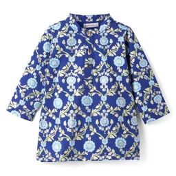 EARTHY TOUCH Single Jersey Knit Full Sleeves Floral Printed Kurta Dhoti Set - Navy Blue image 3