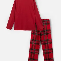 Nap Chief Pure Cotton Knit Full Sleeves Reindeer Printed & Checked Night Suit Set - Red image 4