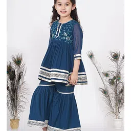 Little Bansi Three Fourth Sleeves Jaipuri Lacework & Gotta Patti Work Gathered Flare Kurta & Sharara With Dupatta - Dark Blue image 5