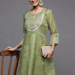 Varanga Women Green & White Leheriya Embroidered Indie Prints Anarkali Kurta image 1