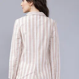 CHIC BY TOKYO TALKIES Women Beige  White Striped Double-Breasted Casual Pure Cotton Blazer image 4