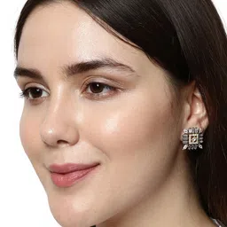 Bhana Fashion White & Gunmetal-Toned American Diamond Rhodium-Plated Diamond Shaped Studs image 4