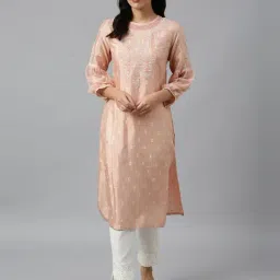 W Peach Floral Print Straight Kurta-image-12