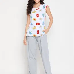 Clovia White & Grey Printed Top With Pyjamas-image-60