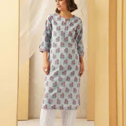 Jaypore Blue Block Printed Straight Fit Kurta image 3
