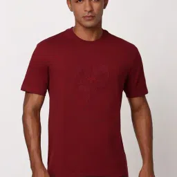 Peter England Maroon Cotton Regular Fit Embroidered T-Shirt-image-86