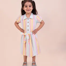 SNUGGLY MONKEY Girls Striped Shirt Collar Puff Sleeve Fit & Flare Dress-picture-29