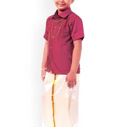 Thala-thalapathy Boys Pink Solid Shirt with Veshti & Gift Set image 2