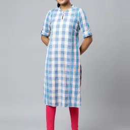 Aurelia Blue & White Cotton Chequered Straight Kurta image 1