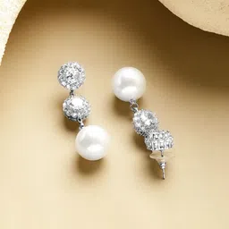 Rubans Rhodium-Plated Crystals Studded And Pearls Beaded Contemporary Drop Earrings image 4