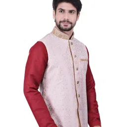 Manyavar Beige Self Print Ethnic Jacket image 3