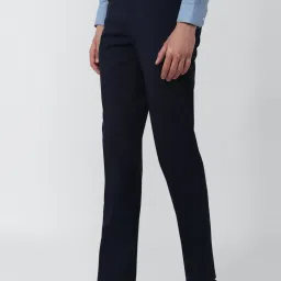 Peter England Navy Blue Slim Fit Checks Trousers image 3