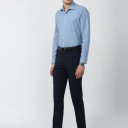 Peter England Navy Blue Slim Fit Checks Trousers image 5