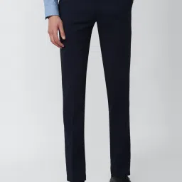 Peter England Navy Blue Slim Fit Checks Trousers image 1