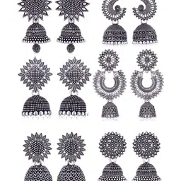 MEENAZ Set Of 6 Silver-Plated Oxidised Dome Shaped Jhumkas-image-69