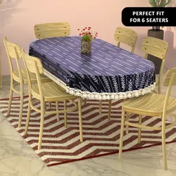 Myntra Elegant Homes White & Blue Lining Leaf Oval PVC 6-Seater Table Cover image 2