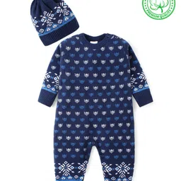 Babyhug Cotton Knit Full Sleeves Winter Wear Romper with Cap Floral Intarsia Design- Navy Blue-image-28
