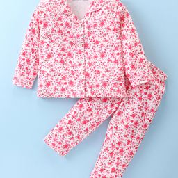 Doreme Single Jersey Full Sleeves Night Suit with Floral Print - White& Pink-image-82
