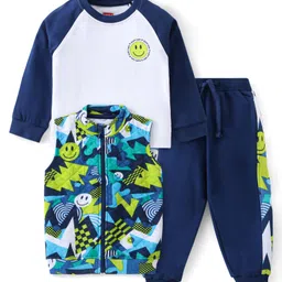 Babyhug Terry Knit Raglan Full Sleeves T-Shirt & Pant Set with Jacket Emoji Print - Navy Blue-picture-12