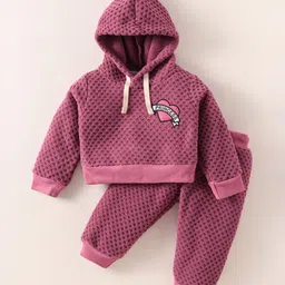 Ollypop Fleece Knit Full Sleeves Hooded T-Shirt & Lounge Pant with Patch Detailing - Rose Gold-picture-14