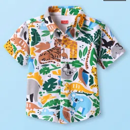 Babyhug Half Sleeves Cotton Knit Half Sleeves Animal Printed Shirt- White Green & Yellow-image-60