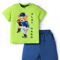 Babyhug Single Jersey Knit Half Sleeves T-Shirt & Shorts Set With Teddy Bear Print - Lime Green & Blue-picture-17