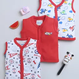 BUMZEE Cotton Woven Sleeveless Jhablas With Foot Ball & Helicopter Print Pack Of 3 - Red-image-54